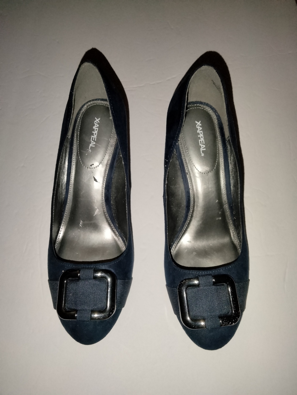 Xappeal (Size 8) Navy Blue Faux Suede Accent Buckle Classic Slip-on Wedge Heels